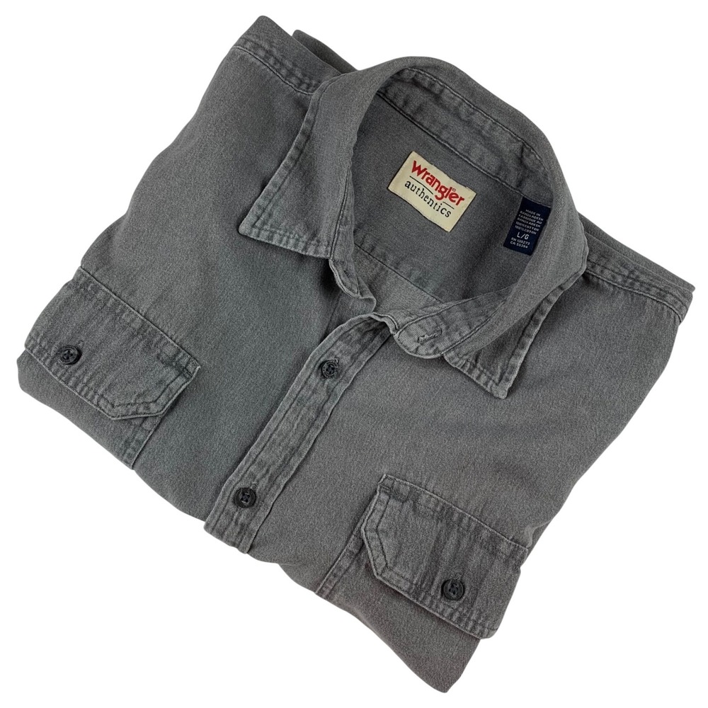 Wrangler Authentics Mens Gray Long Sleeve Button Down Cotton Work Shirt Large L